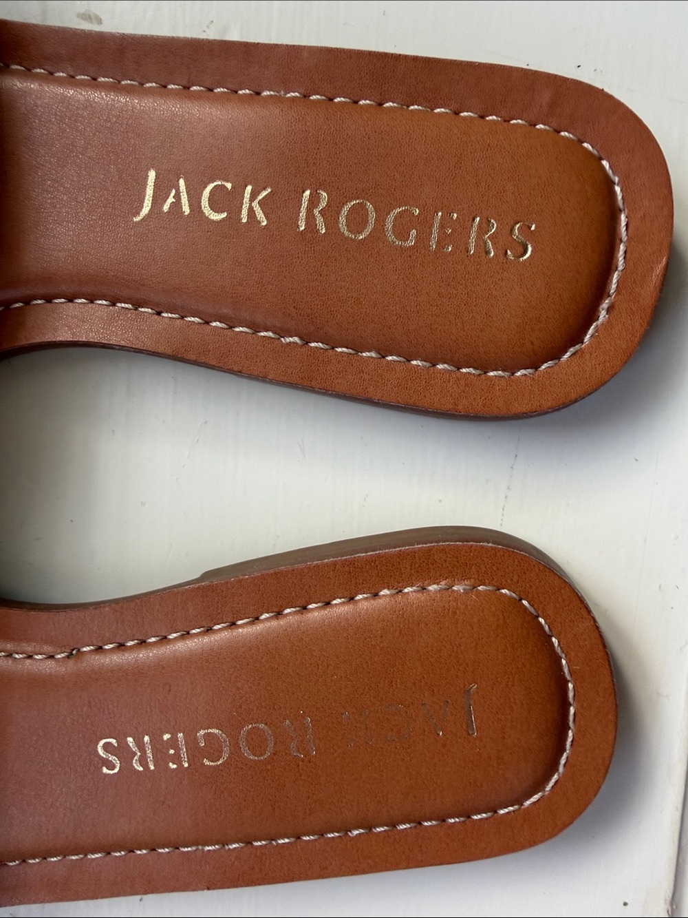 Jack Rogers Denim Slide Sandals in Blue and Tan - Picture 2 of 4